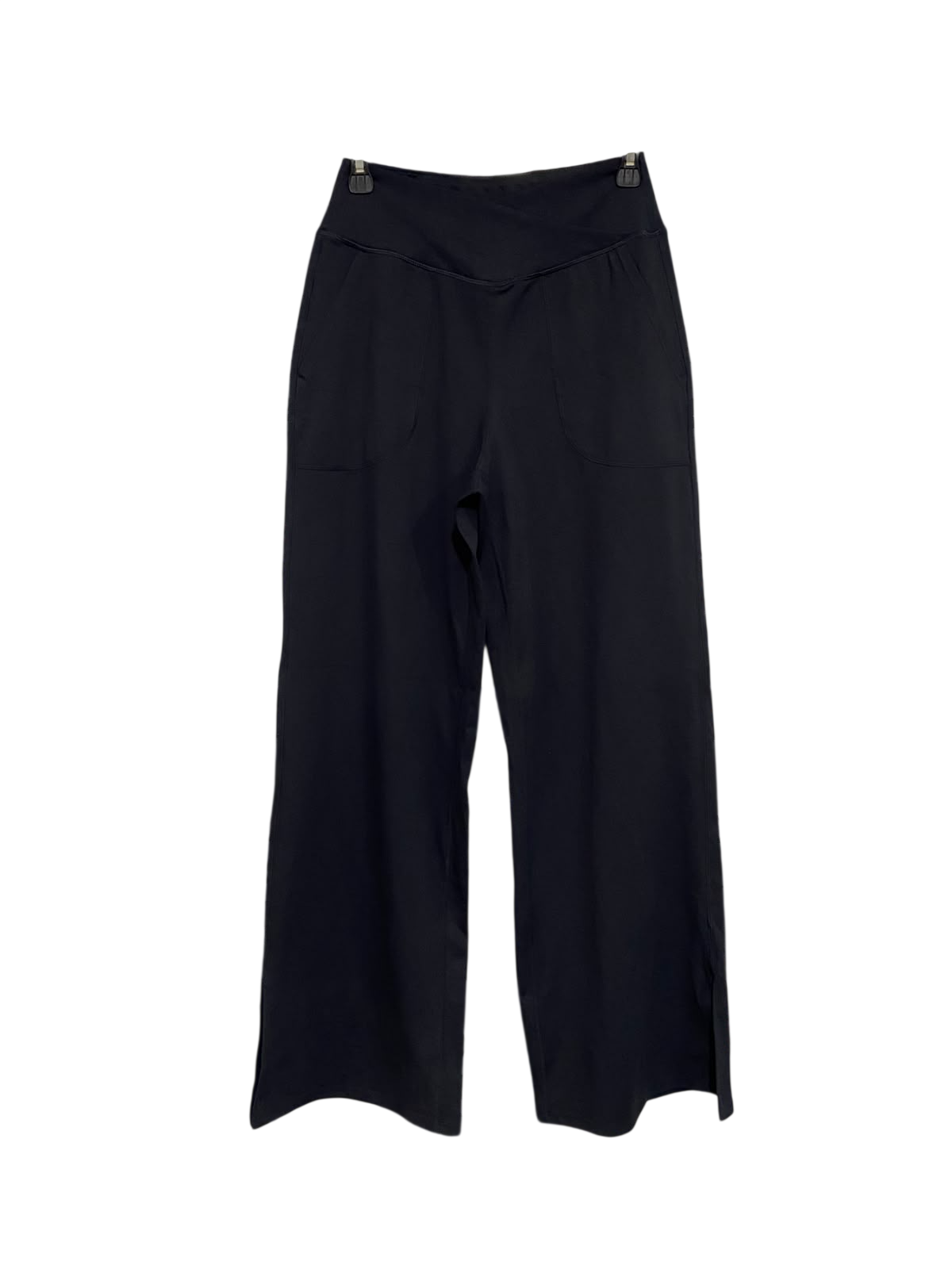 |M| WAIST 26| A49| SOLID BLACK CROSSOVER-WAIST TECHNICAL UTILITY WIDE-LEG PANTS