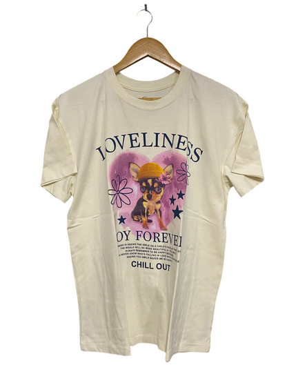 VINTAGE THREADZ |M| BUST 20| A49| OFF-WHITE LOVELINESS GRAPHIC TECHNICAL UTILITY T-SHIRT