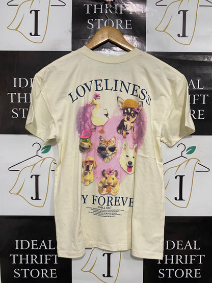 VINTAGE THREADZ |M| BUST 20| A49| OFF-WHITE LOVELINESS GRAPHIC TECHNICAL UTILITY T-SHIRT