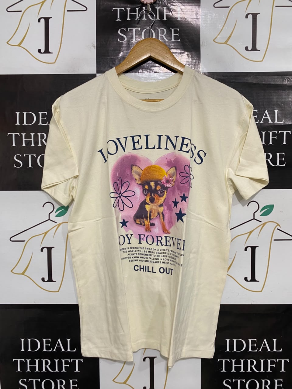 VINTAGE THREADZ |M| BUST 20| A49| OFF-WHITE LOVELINESS GRAPHIC TECHNICAL UTILITY T-SHIRT