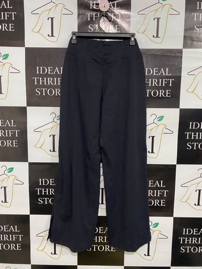 |M| WAIST 26| A49| SOLID BLACK CROSSOVER-WAIST TECHNICAL UTILITY WIDE-LEG PANTS