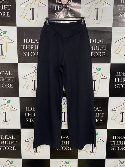 |M| WAIST 26| A49| SOLID BLACK CROSSOVER-WAIST TECHNICAL UTILITY WIDE-LEG PANTS