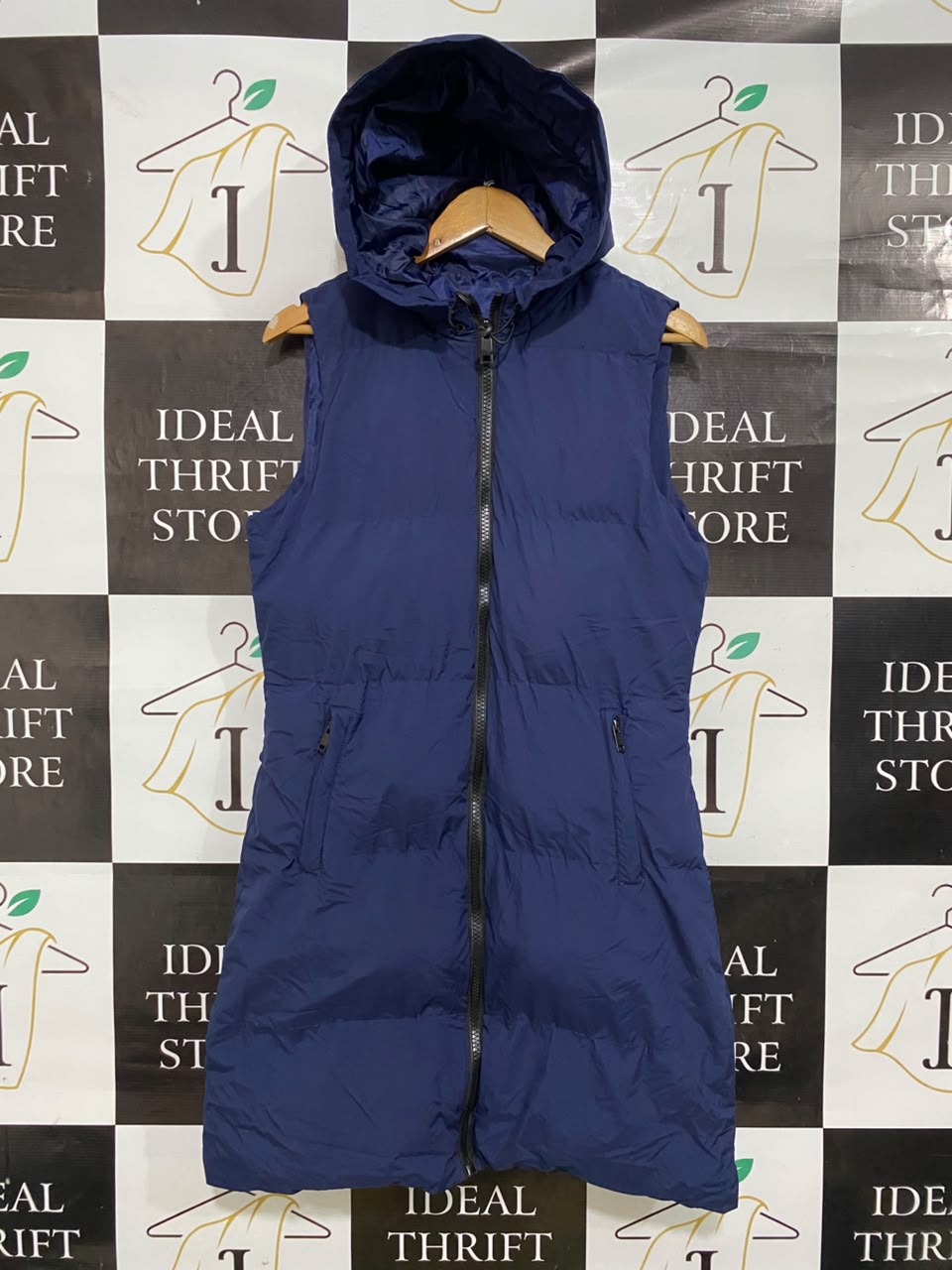 BOOGY |M| BUST 20| A49| NAVY BLUE HOODED PUFFER VEST TECHNICAL UTILITY MAXI COAT