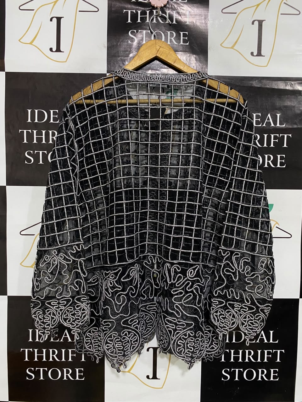 SHAQUILLA |XL| BUST 23| A49| BLACK AND WHITE EMBROIDERED MESH TECHNICAL UTILITY CARDIGAN