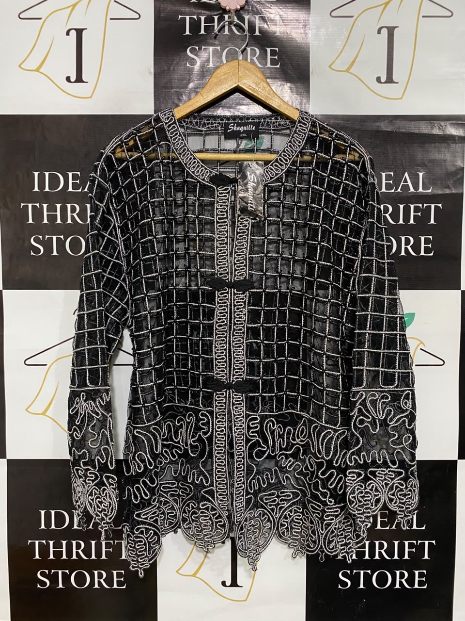 SHAQUILLA |XL| BUST 23| A49| BLACK AND WHITE EMBROIDERED MESH TECHNICAL UTILITY CARDIGAN