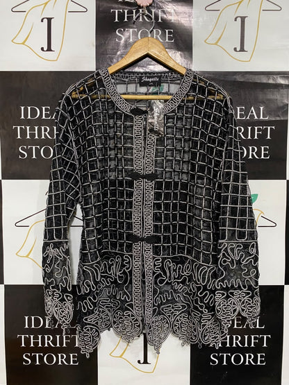 SHAQUILLA |XL| BUST 23| A49| BLACK AND WHITE EMBROIDERED MESH TECHNICAL UTILITY CARDIGAN