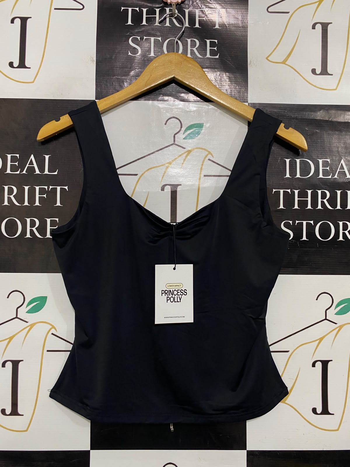 PRINCESS POLLY |S| BUST 16| A48| SOLID BLACK SCOOP-NECK RUCHED TECHNICAL UTILITY TANK TOP