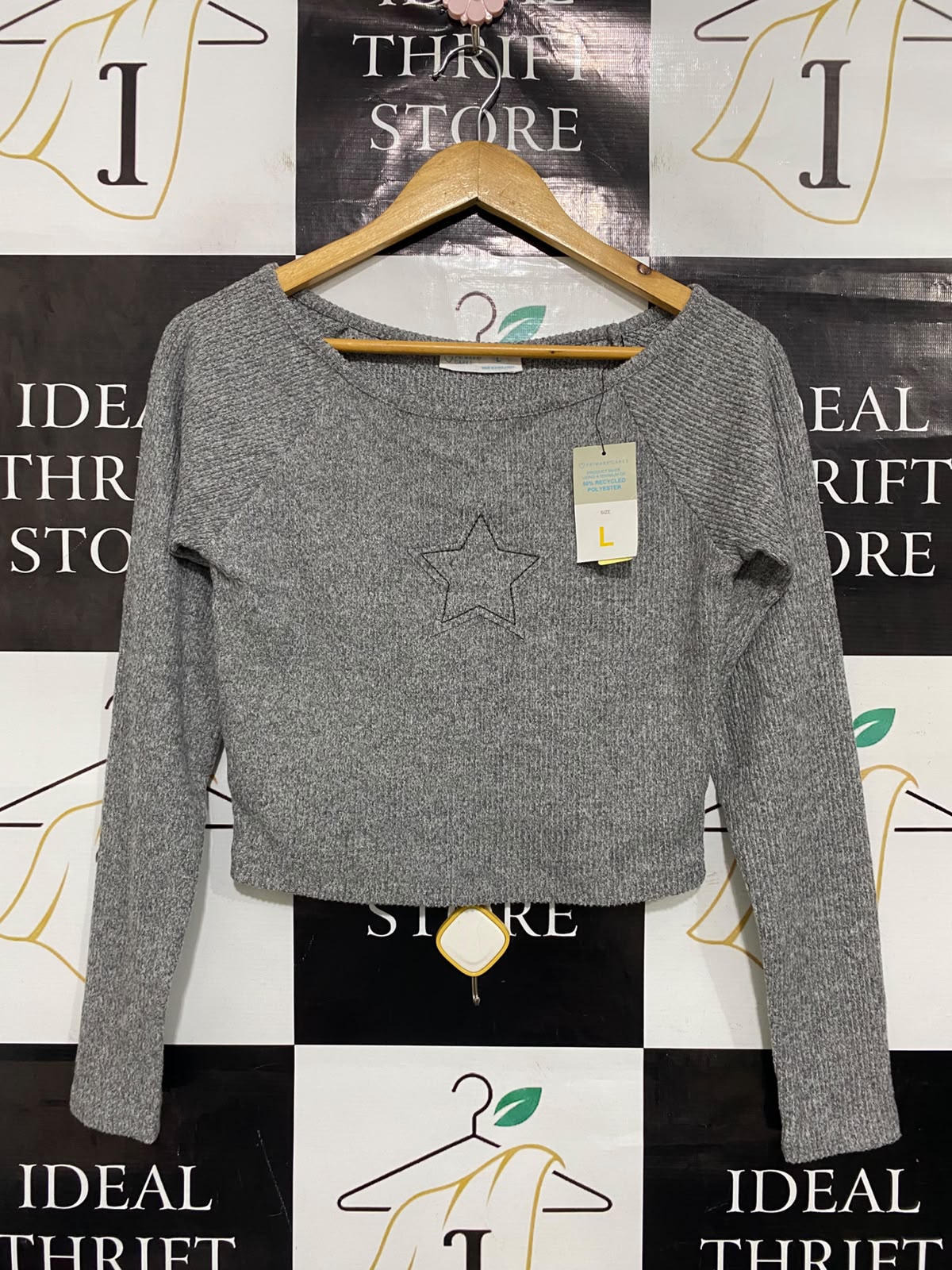 PRIMARK CARES |L| BUST 16| A48| HEATHER GREY STAR-EMBROIDERED TECHNICAL UTILITY CROP TOP
