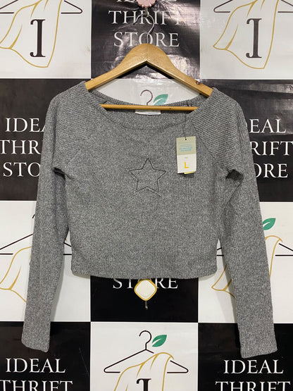 PRIMARK CARES |L| BUST 16| A48| HEATHER GREY STAR-EMBROIDERED TECHNICAL UTILITY CROP TOP