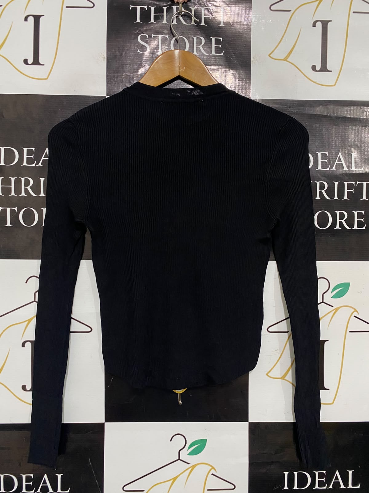 ZARA |S| BUST 14| A48| SOLID BLACK RIBBED CREWNECK TECHNICAL UTILITY CURVED-HEM TOP