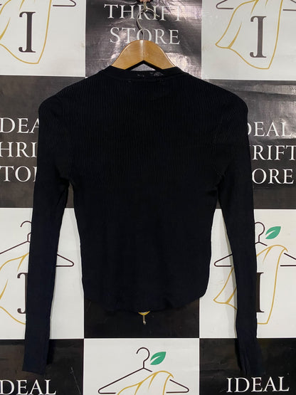 ZARA |S| BUST 14| A48| SOLID BLACK RIBBED CREWNECK TECHNICAL UTILITY CURVED-HEM TOP