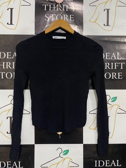 ZARA |S| BUST 14| A48| SOLID BLACK RIBBED CREWNECK TECHNICAL UTILITY CURVED-HEM TOP