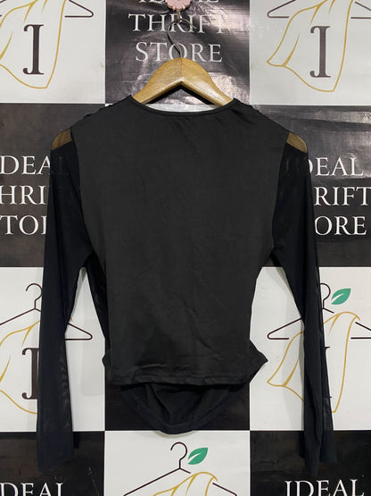 SHEIN |XL| BUST 15| A48| SOLID BLACK FAUX-WRAP RUCHED TECHNICAL UTILITY LONG-SLEEVE TOP