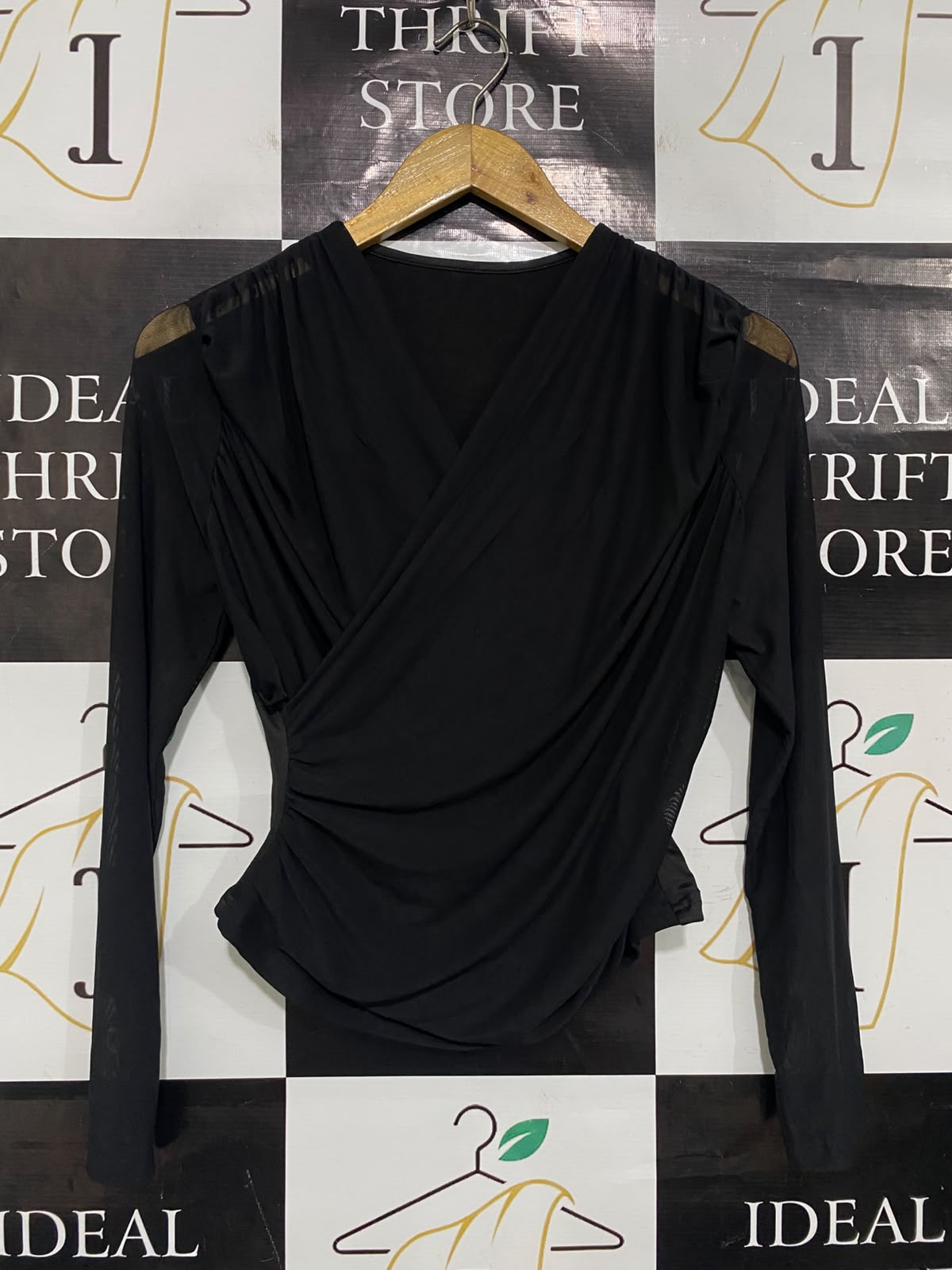 SHEIN |XL| BUST 15| A48| SOLID BLACK FAUX-WRAP RUCHED TECHNICAL UTILITY LONG-SLEEVE TOP