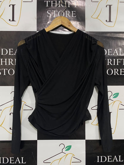 SHEIN |XL| BUST 15| A48| SOLID BLACK FAUX-WRAP RUCHED TECHNICAL UTILITY LONG-SLEEVE TOP