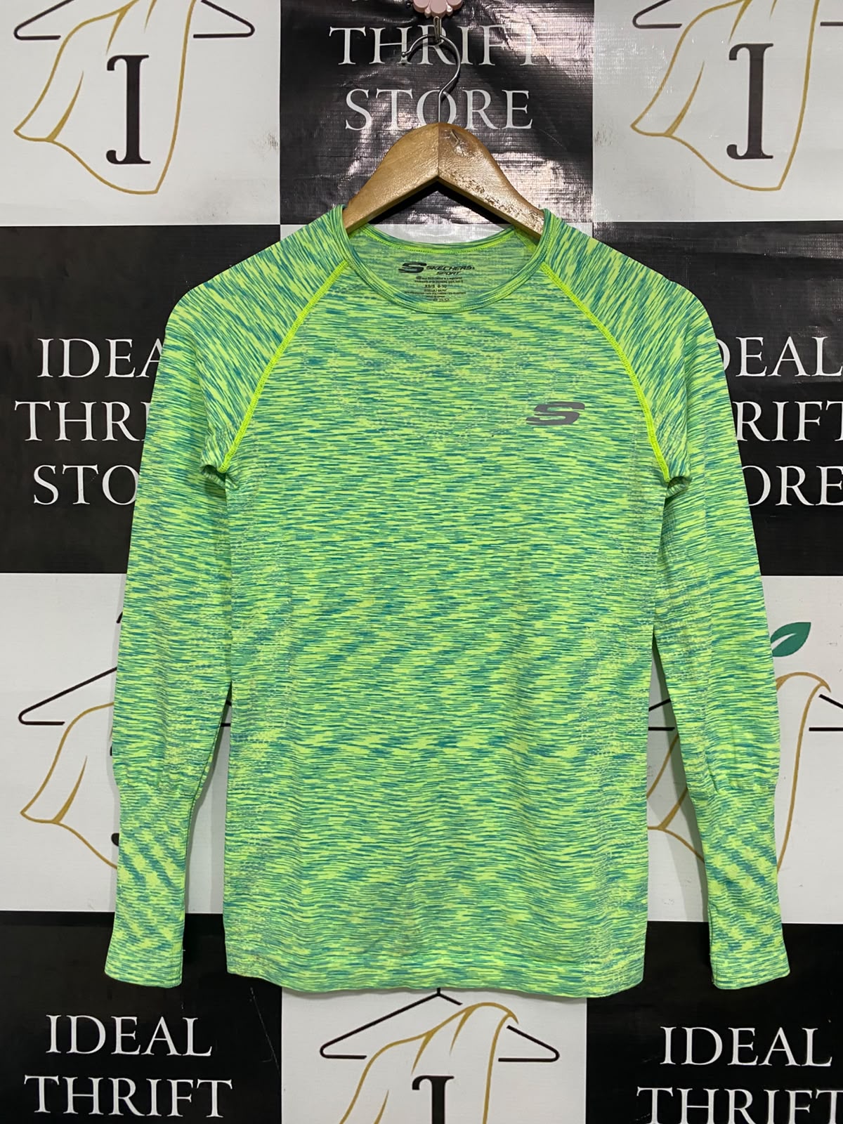 SKECHERS |XS/S| BUST 14| A48| LIME GREEN HEATHERED RAGLAN LONG-SLEEVE TECHNICAL UTILITY ATHLETIC TOP