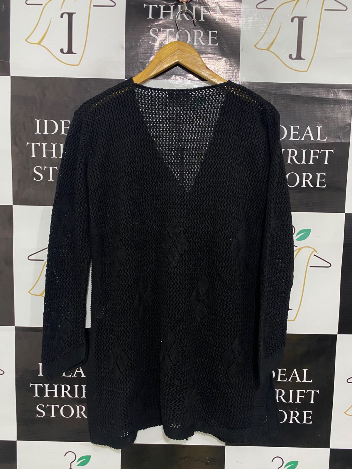 PULSE |S/M| BUST 20| A48| SOLID BLACK OPEN-KNIT BUTTON-DOWN TECHNICAL UTILITY CARDIGAN