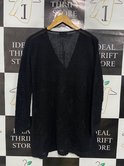 PULSE |S/M| BUST 20| A48| SOLID BLACK OPEN-KNIT BUTTON-DOWN TECHNICAL UTILITY CARDIGAN