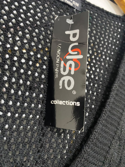 PULSE |S/M| BUST 20| A48| SOLID BLACK OPEN-KNIT BUTTON-DOWN TECHNICAL UTILITY CARDIGAN