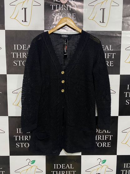 PULSE |S/M| BUST 20| A48| SOLID BLACK OPEN-KNIT BUTTON-DOWN TECHNICAL UTILITY CARDIGAN