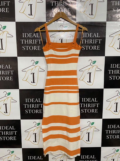 HERE COMES THESUN |M| BUST 14| A48| ORANGE-AND-WHITE STRIPED CUTOUT TECHNICAL UTILITY MIDI DRESS