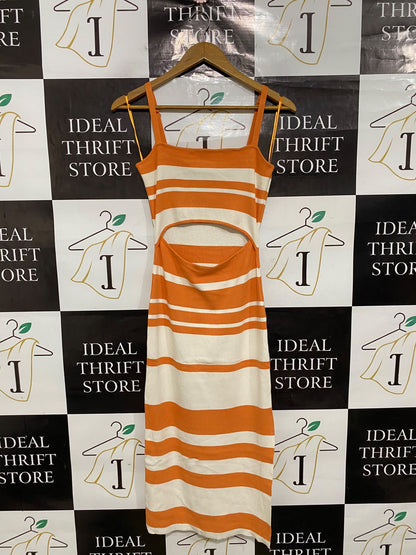 HERE COMES THESUN |M| BUST 14| A48| ORANGE-AND-WHITE STRIPED CUTOUT TECHNICAL UTILITY MIDI DRESS