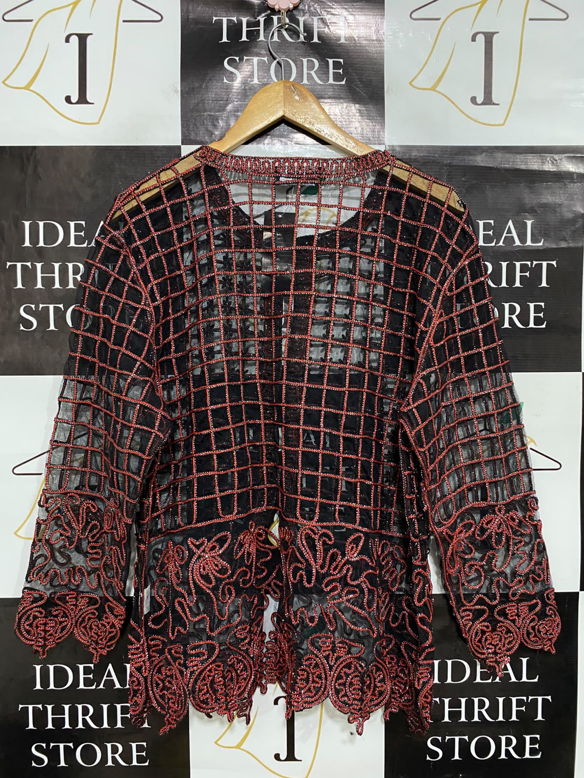 SHAQUILLE |XL| BUST 22| A48| BLACK-AND-ROSE BEADED MESH TECHNICAL UTILITY CARDIGAN