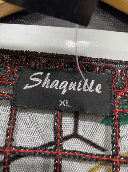 SHAQUILLE |XL| BUST 22| A48| BLACK-AND-ROSE BEADED MESH TECHNICAL UTILITY CARDIGAN