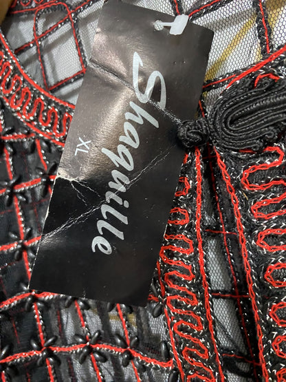 SHAQUILLE |XL| BUST 22| A48| BLACK-AND-ROSE BEADED MESH TECHNICAL UTILITY CARDIGAN
