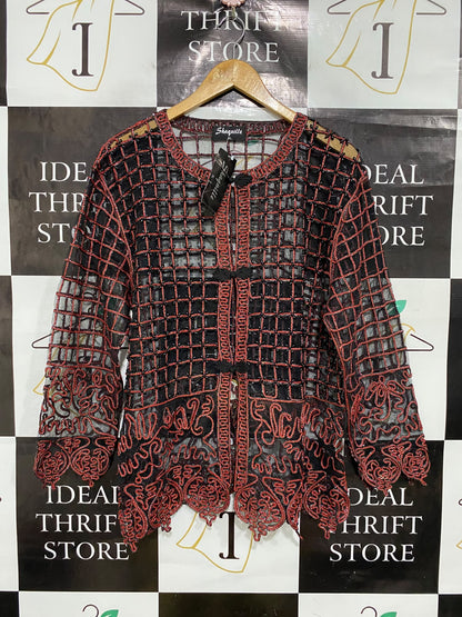SHAQUILLE |XL| BUST 22| A48| BLACK-AND-ROSE BEADED MESH TECHNICAL UTILITY CARDIGAN