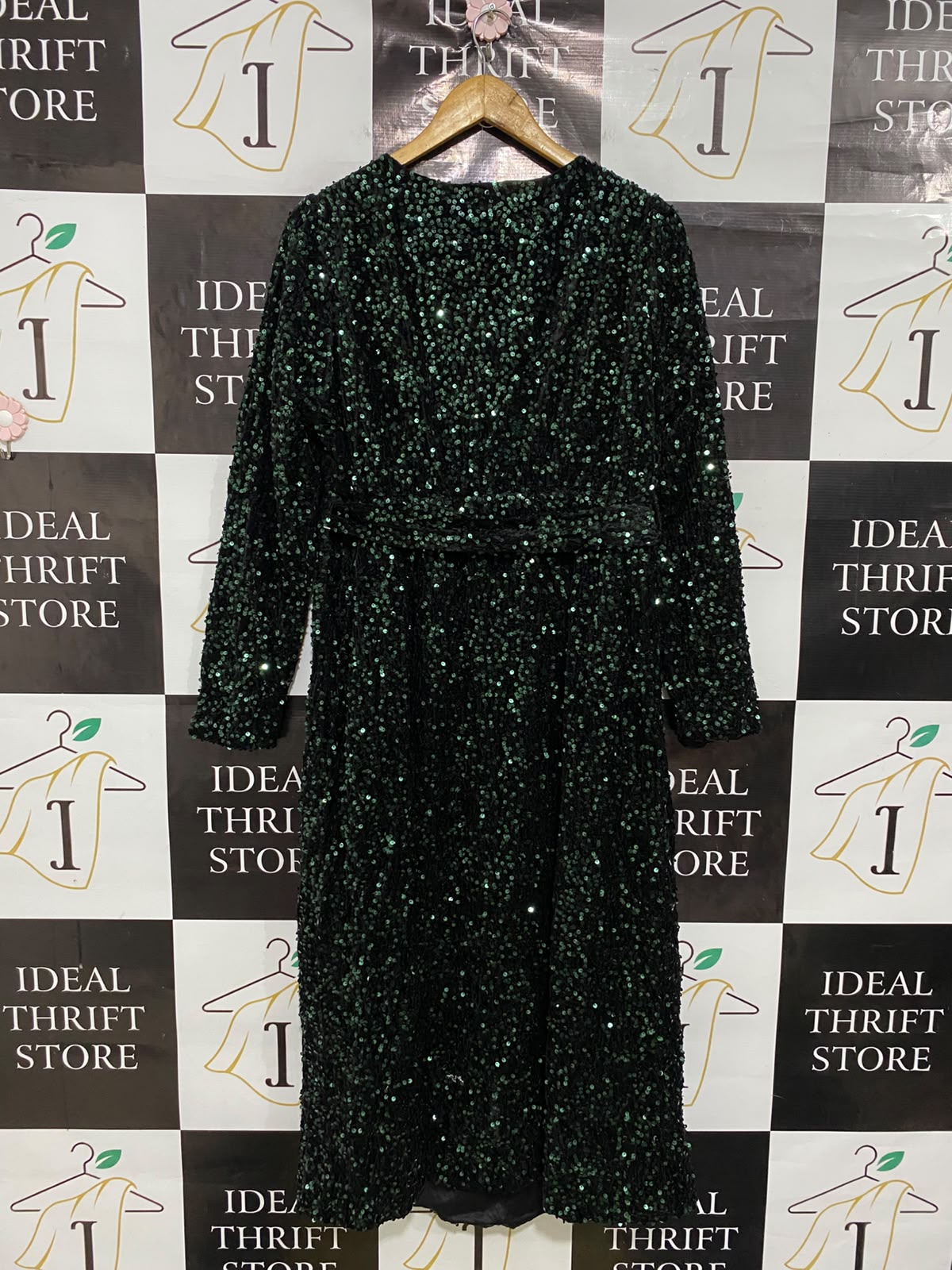 DOROTHY PERKINS |L| BUST 21| A48| DARK GREEN SEQUIN WRAP TECHNICAL UTILITY MIDI DRESS