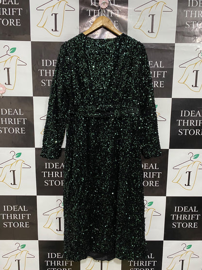 DOROTHY PERKINS |L| BUST 21| A48| DARK GREEN SEQUIN WRAP TECHNICAL UTILITY MIDI DRESS