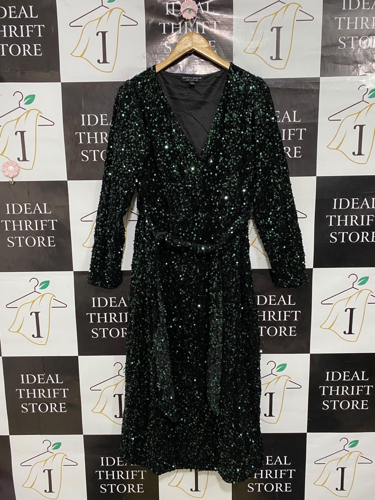 DOROTHY PERKINS |L| BUST 21| A48| DARK GREEN SEQUIN WRAP TECHNICAL UTILITY MIDI DRESS