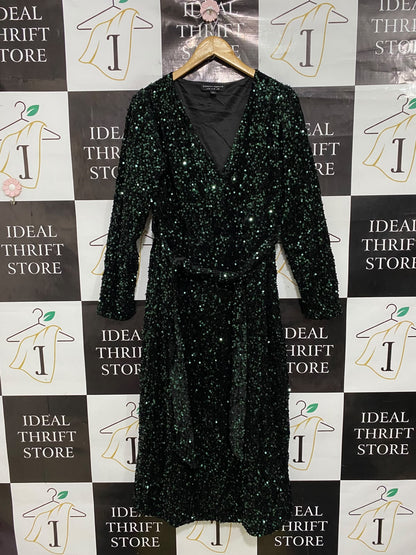 DOROTHY PERKINS |L| BUST 21| A48| DARK GREEN SEQUIN WRAP TECHNICAL UTILITY MIDI DRESS