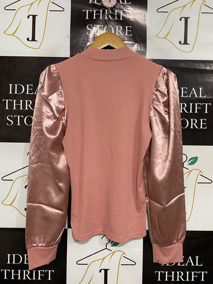 SHEIN |L| BUST 16| A48| DUSTY ROSE MOCK-NECK SATIN-SLEEVE TECHNICAL UTILITY TOP