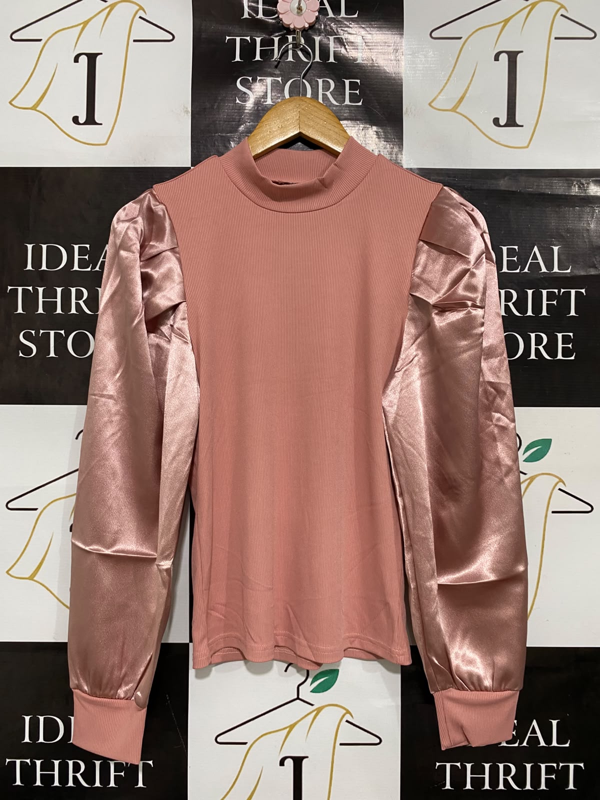 SHEIN |L| BUST 16| A48| DUSTY ROSE MOCK-NECK SATIN-SLEEVE TECHNICAL UTILITY TOP