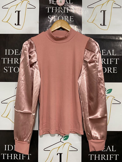 SHEIN |L| BUST 16| A48| DUSTY ROSE MOCK-NECK SATIN-SLEEVE TECHNICAL UTILITY TOP
