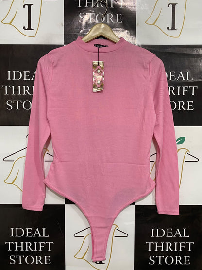 BOOHOO |M| BUST 17| A48| BUBBLEGUM PINK MOCK-NECK RIBBED TECHNICAL UTILITY BODYSUIT