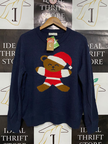PRIMARK |L| BUST 22| A48| NAVY SANTA BEAR GRAPHIC KNIT TECHNICAL UTILITY SWEATER