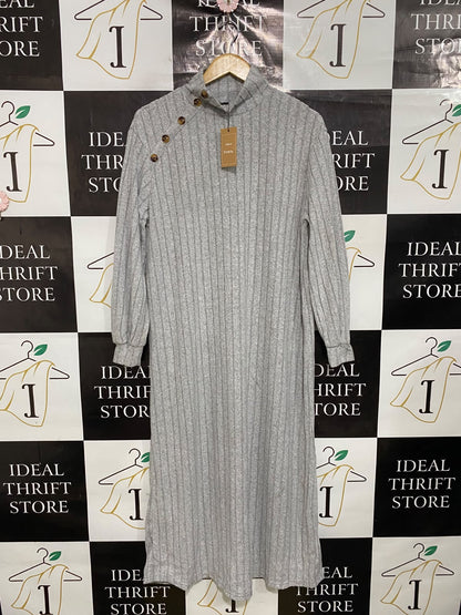 SHEIN |S| BUST 22| A48| HEATHER GREY ASYMMETRIC BUTTON-NECK RIBBED TECHNICAL UTILITY MIDI DRESS