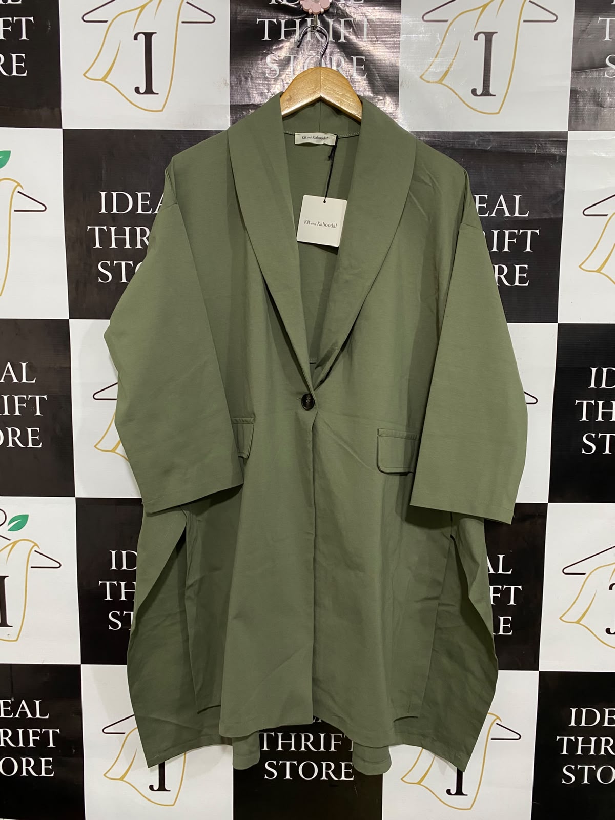 KIT AND KABOODAL |XL| BUST 25| A48| SAGE GREEN SHAWL-LAPEL TECHNICAL UTILITY COAT TUNIC