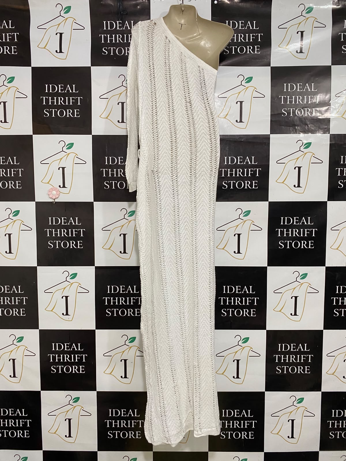 BOOHOO |L| BUST 22| A48| OFF-WHITE ONE-SHOULDER OPEN-KNIT TECHNICAL UTILITY MAXI DRESS