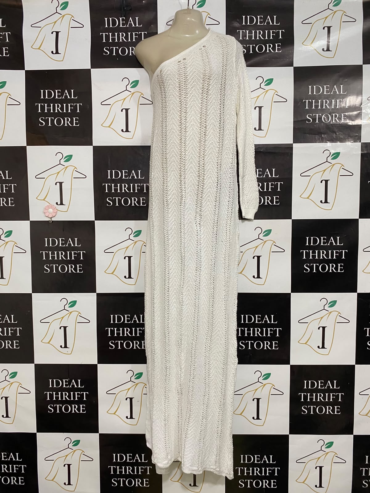 BOOHOO |L| BUST 22| A48| OFF-WHITE ONE-SHOULDER OPEN-KNIT TECHNICAL UTILITY MAXI DRESS