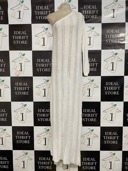 BOOHOO |L| BUST 22| A48| OFF-WHITE ONE-SHOULDER OPEN-KNIT TECHNICAL UTILITY MAXI DRESS