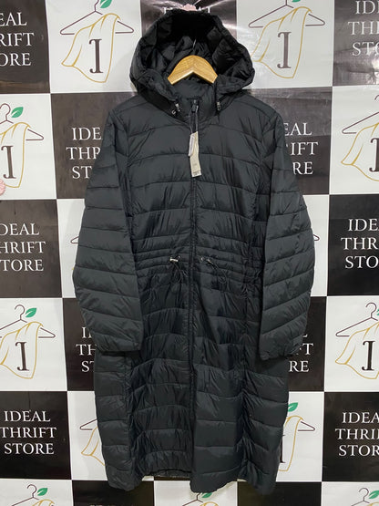 GEORGE |L| BUST 23| A20| SOLID BLACK WAIST-CINCHED HOODED LONG PUFFER TECHNICAL UTILITY COAT