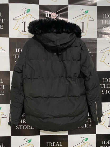 MOOSE KNUCKLES |S| BUST 23| A24| SOLID BLACK FUR-TRIMMED HOODED TECHNICAL UTILITY PARKA JACKET