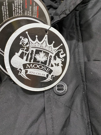 MOOSE KNUCKLES |S| BUST 23| A24| SOLID BLACK FUR-TRIMMED HOODED TECHNICAL UTILITY PARKA JACKET