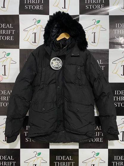 MOOSE KNUCKLES |S| BUST 23| A24| SOLID BLACK FUR-TRIMMED HOODED TECHNICAL UTILITY PARKA JACKET