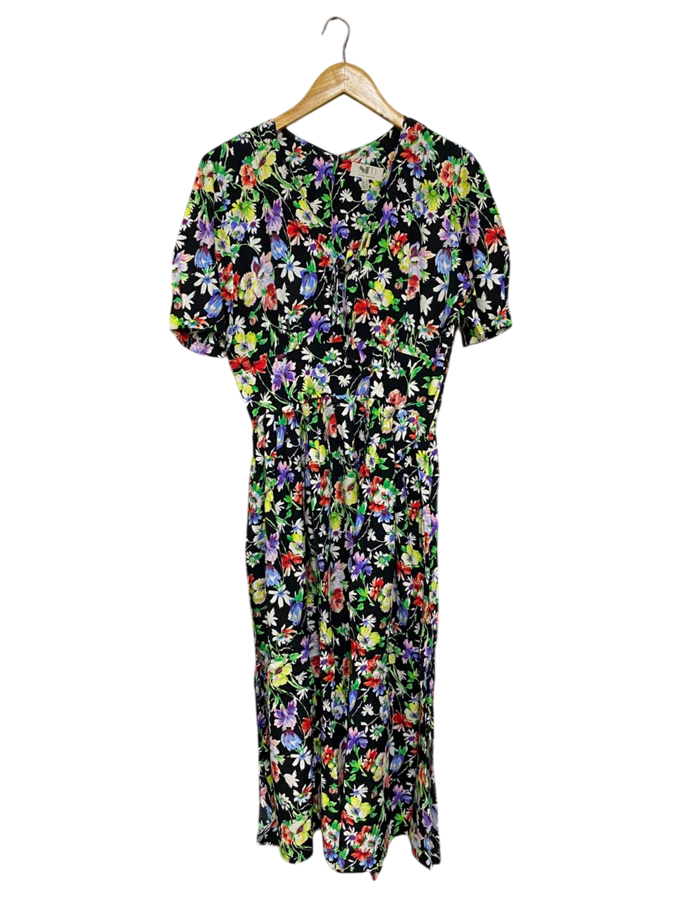 SONJA MODELLE |M| BUST 19| A50| BLACK MULTI-COLOR FLORAL V-NECK TECHNICAL UTILITY MIDI DRESS
