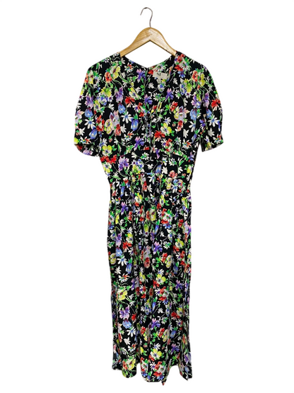 SONJA MODELLE |M| BUST 19| A50| BLACK MULTI-COLOR FLORAL V-NECK TECHNICAL UTILITY MIDI DRESS